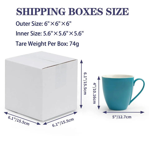 6x6x6 Shipping Boxes For Small Biz, 40 Pack White Corrugated Cardboard Boxes next to a blue mug for sizing reference