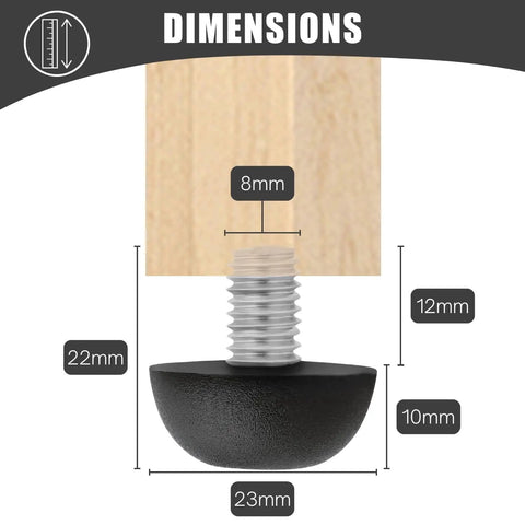 8mm M8 Adjustable Furniture Leg Levelers Set For Outdoor Use Stainless Steel Screw In Leveling Feet with dimensions labeled