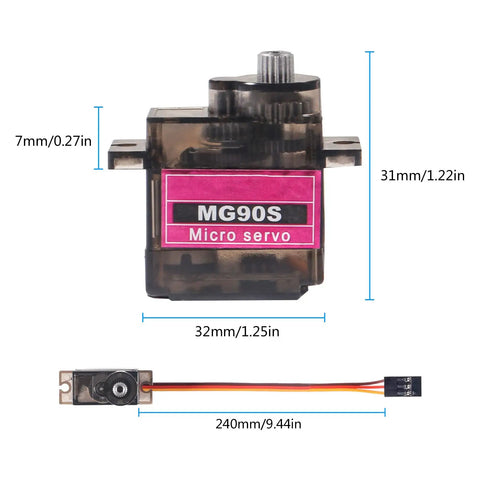 MG90S Micro Servo Set For RC Projects Dope Eight 9G Steering Gears 360 Degree Rotation With Metal Gears dimensions shown