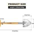 Perennial Spade Trowel 21.6 Inch Long With Sharp Stainless Steel Blade And Wooden Handle, size and weight dimensions shown.