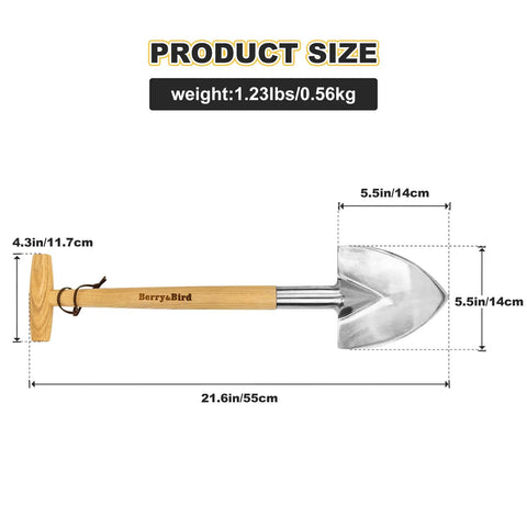 Perennial Spade Trowel 21.6 Inch Long With Sharp Stainless Steel Blade And Wooden Handle, size and weight dimensions shown.