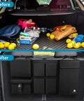 Before and after view of a car trunk with a Hanging Car Trunk Organizer With Cooler And Large Pockets Waterproof Cargo Storage for Jeeps and SUVs.