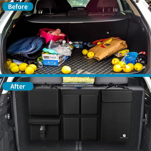 Before and after view of a car trunk with a Hanging Car Trunk Organizer With Cooler And Large Pockets Waterproof Cargo Storage for Jeeps and SUVs.