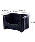 Black jumbo stackable storage bin with large easy grip handles, wide front opening, dimensions 19.75x15.25x12.5 inches.