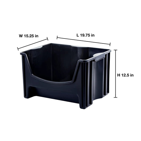 Black jumbo stackable storage bin with large easy grip handles, wide front opening, dimensions 19.75x15.25x12.5 inches.