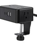 Desk Clamp Power Strip Eight In One Charging Station with Four AC outlets and four USB ports including two USB C fast charge, black design.