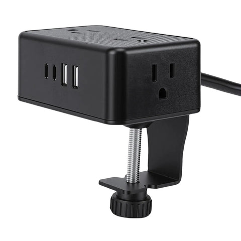 Lock Your Gaming Battlestation And Home Office With A Solid Desk Clamp Power Strip featuring four AC outlets and USB ports for charging.