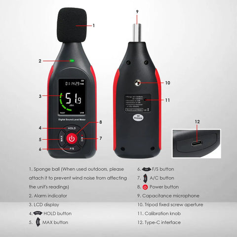 Digital Sound Level Meter With Recording And USB Rechargeable Power, 30 To 130 dB Range, 31,000 Data Logs, Three Color Alarm Lights, PC Data Export For Windows, Easy Setup For Home, Classrooms, Offices, And Industrial Environments. Front and back view with LCD, sponge mic, USB-C port.