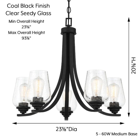 Shyloh 3 Light Chandelier in Coal Black with clear glass shades, 20.375 inches high, 23.375 inches diameter, modern industrial style.