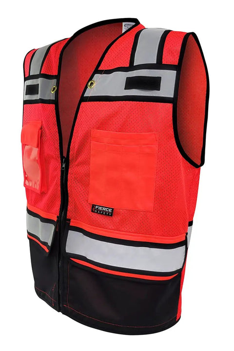 Straight Up Class 2 High Visibility Surveyor Vest With Slick Red And Black Mesh Cut For Zero Sweat Ventilation Plus A Secure ID Pocket Built Tough For Any Daily Work Hustle
