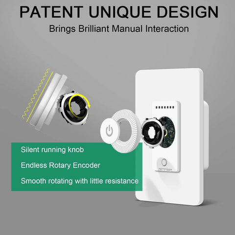 Exploded view of 4 Pack Smart Dimmer Switch With Trailing Edge LED Dimming, highlighting silent rotary knob and smooth rotation.