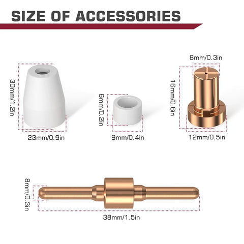 Display of accessory sizes from 110 Piece PT31 Plasma Cutting Consumables Set Fits PT31 Torch JG-40 LG-40 Kit