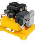 Hassle Free Cordless Air Compressor Pump Throwing Down A Solid 116 Psi, Silent Operation At Sixty Five Decibels, Batteries Sold Separate But Fit All Major Systems, Light As A Feather For Framing And Roofing Jobs, yellow compact design with pressure gauge.