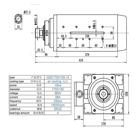 Technical diagram of Beefy 12KW Air Cooled Spindle Motor Workhorse For CNC Machines ER32 ER40 GDZ170x150 380V Long Life Cooling
