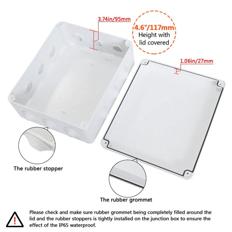 Rugged ABS Plastic IP65 Weatherproof Electrical Junction Box Enclosure open with lid, dustproof waterproof, 11.8 x 9.8 x 4.7 inch