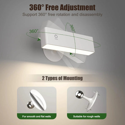 Rechargeable LED Wall Sconce Cordless Battery Operated Bedside Reading Lamp With 4000mAh Battery showing 360° rotation and mounts