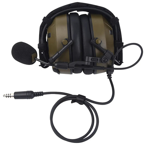 Rock Solid Military Tactical Noise Cancelling Headphone With U94 Ptt Boom Mic For Two Pin Radios and Airsoft Gear, showing adjustable mic and durable design.