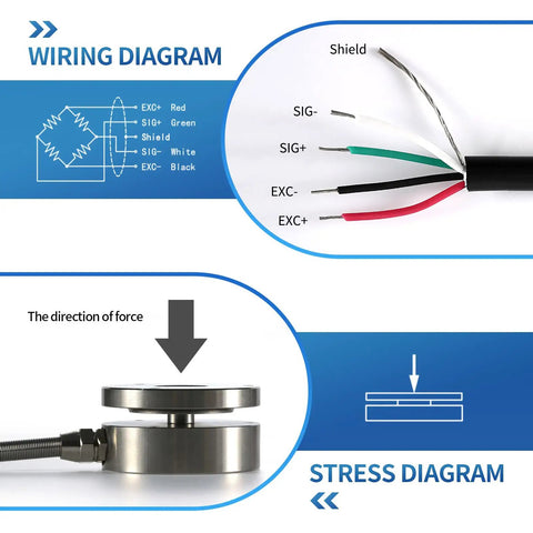 Load Cell Sensor For Tension And Compression Tests, 58mm Diameter, 0.2 Percent Accuracy, 0 To 50 Kg Range, Compact Workhorse Force Weight Pressure Sensor For Scales, Easy Install, wiring diagram