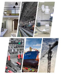Collage showing interiors, industrial manufacturing, a shipyard, and a construction crane against the sky.