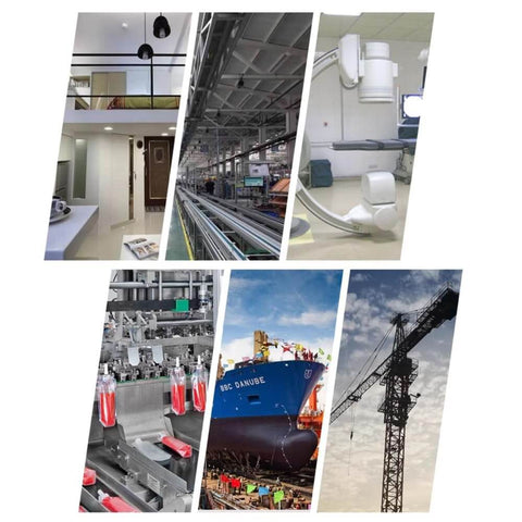 Collage showing interiors, industrial manufacturing, a shipyard, and a construction crane against the sky.