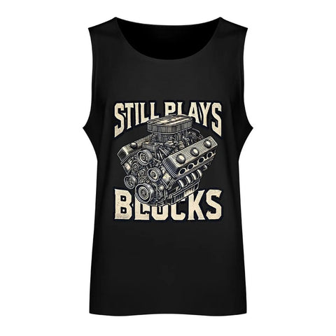 Mens Sleeveless Cotton Tank Top Built Tough For The Gym Sweat Wicking Workout Tee with engine graphic design.