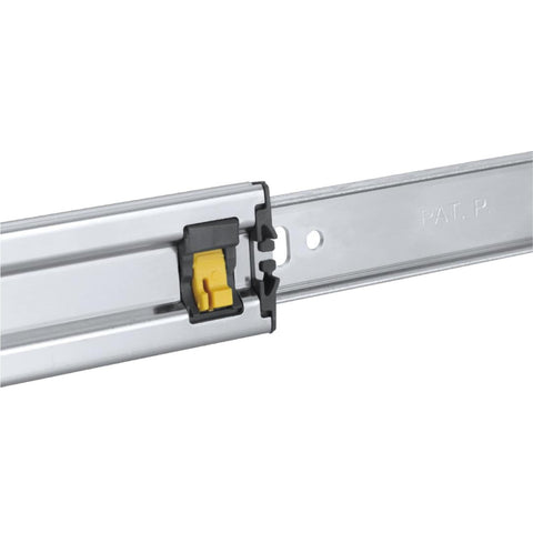 Close-up of heavy duty 22 inch drawer slide showing ball bearing mechanism with full extension soft close, 130 lb capacity per pair.