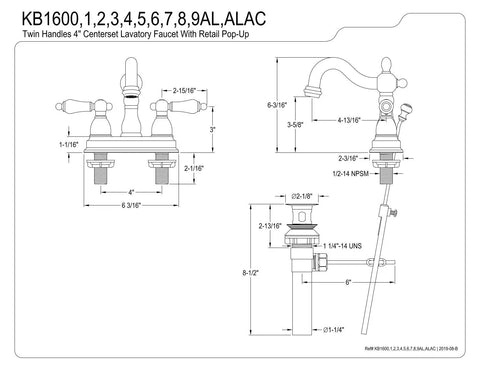 Antique Brass Four Inch Centerset Bathroom Faucet With Solid Brass Construction deck mount three-hole setup technical drawing