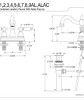 Technical drawing of Heritage 4 Inch Centerset Lavatory Faucet Matte Black With Pop Up Drain Deck Mount 3 Hole Design Solid Brass Washerless Cartridge Half Inch IPS Connections For Classic Bathroom Upgrade.