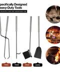 Two Tier Firewood Rack for Indoor Outdoor Use with Fireplace Tools Set Including Brush Shovel Poker Tongs shown with use examples