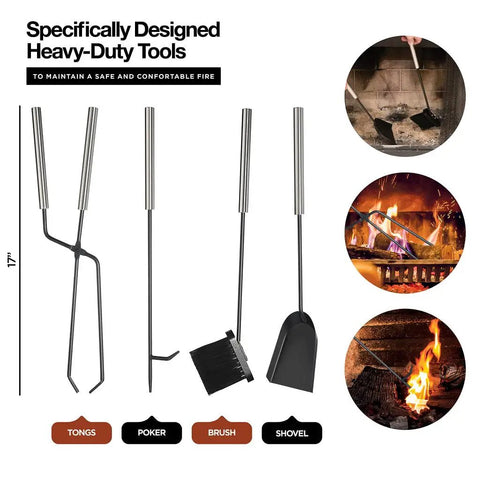 Two Tier Firewood Rack for Indoor Outdoor Use with Fireplace Tools Set Including Brush Shovel Poker Tongs shown with use examples