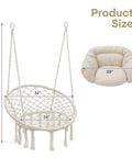 Cozy Macrame Hammock Chair With Thick Cushions, Indoor Outdoor Hanging Swing For Balcony Porch Or Bedroom, Sturdy Cotton Rope, Holds Up To 350 Lbs, White, shown with size dimensions for chair and cushion.