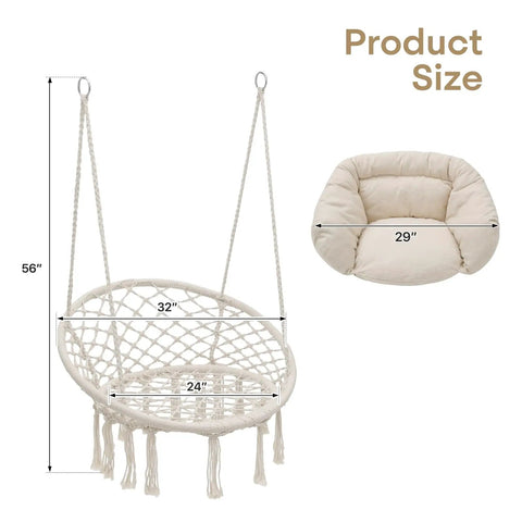 Cozy Macrame Hammock Chair With Thick Cushions, Indoor Outdoor Hanging Swing For Balcony Porch Or Bedroom, Sturdy Cotton Rope, Holds Up To 350 Lbs, White, shown with size dimensions for chair and cushion.