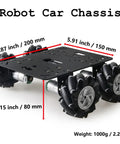 MC200 80mm Mecanum wheel car chassis with metal frame and four omnidirectional wheels (angled view)