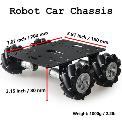 MC200 80mm Mecanum wheel car chassis with metal frame and four omnidirectional wheels (angled view)