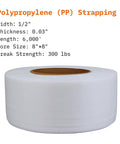 Heavy Duty Polypropylene Strapping Roll Six Thousand Feet Half Inch Wide Point Zero Three Thick Three Hundred Pound Break Strength Standard Core