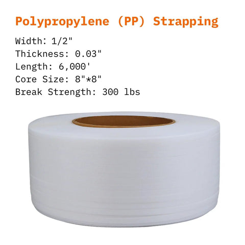 Heavy Duty Polypropylene Strapping Roll Six Thousand Feet Half Inch Wide Point Zero Three Thick Three Hundred Pound Break Strength Standard Core