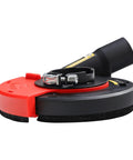 Side view of Surface Grinding Dust Shroud For Angle Grinder Universal 4.5/5 Inch With 5 Inch Diamond Cup Wheel in red and black.