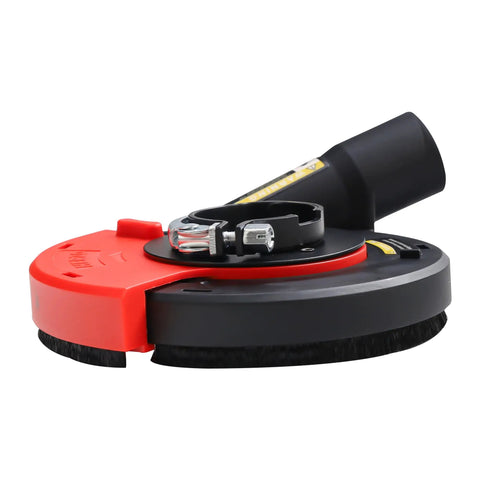 Side view of Surface Grinding Dust Shroud For Angle Grinder Universal 4.5/5 Inch With 5 Inch Diamond Cup Wheel in red and black.