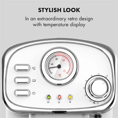 No Drama Stainless Steel Electric Coffee And Milk Frother Machine With Clear Removable Water Tank And Simple Dial Controls showing retro design and temperature display.