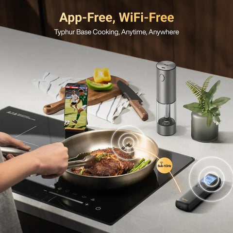 Person using Sync Gold Wireless Meat Thermometer With Sub 1G Signal Pro Level Stability And Unlimited WiFi Range Six Probes Bluetooth BBQ.