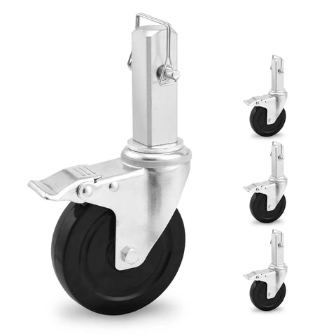 Five Inch Scaffolding Wheels, Scaffold Caster Set Of Four, close-up of heavy duty swivel caster with rubber tire and square stem.