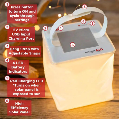 Inflatable LED light showing features of the Two In One Solar Camping Lantern And Phone Charger Inflatable LED Light For Camping Hiking Travel Emergency Power Outages And Survival Kits Your Go To Outdoor Gear For Adventures And Patio Gatherings.