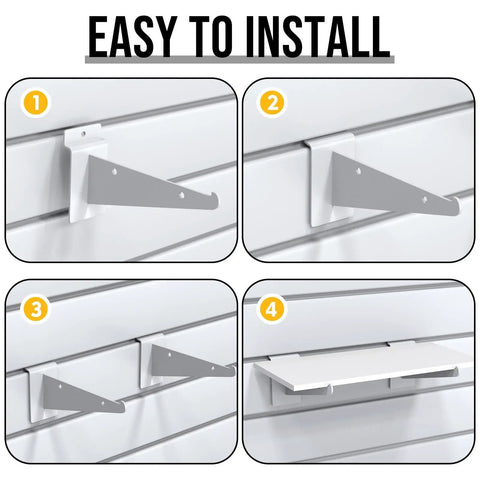 Installation steps of Six Pack White Slatwall Shelves With Hella Heavy Duty Metal Brackets 15.7 Inch Long By 6 Inch Deep