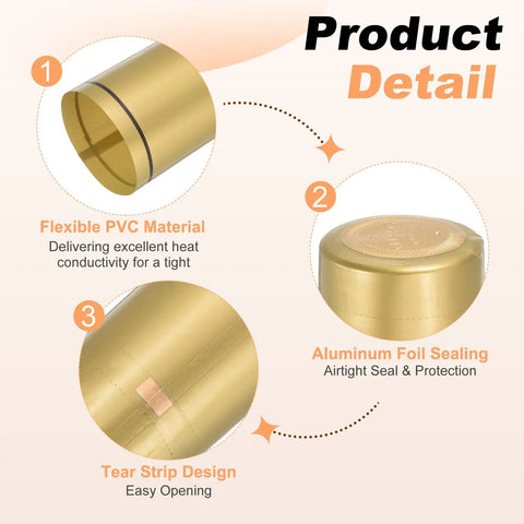 Top Shelf PVC Heat Shrink Bottle Caps Gold 30X60mm Size 50 Pack features flexible PVC, aluminum foil seal, and tear strip design.