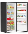 Hella Roomy 21 Cu Ft Upright Refrigerator Freezer Combo interior view with shelves filled with food items, sharp silver finish.