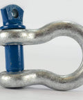 2 Ton D Ring Bow Shackle With Screw Pin Clevis Half Inch Pin Forged Steel Hot Dip Galvanized Finish WLL 2 Tons For Rigging Tow Off Road Use 10 Pack Heavy Duty Safer Load Handling, close-up side view of shackle with painted pin