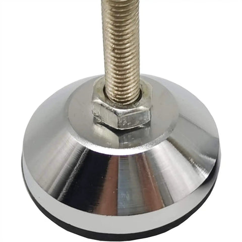 Four Pack M16 Heavy Duty Adjustable Leveling Feet With 80mm Base For Home, Office, Workshop And Kitchen Tables, Chairs, Shelves And Machinery, Rubber Cushioned Anti Slip Feet, Floor Safe, Carbon Steel Screws close-up of threaded steel screw and 80mm base