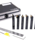 1/2 Inch Shank 7 Piece Indexable Carbide Turning Tool Set With 10 Extra TiN Coated Inserts For Pro Grade Smooth Cutting Of Mild Steel And Cast Iron MGEHR0 Holders Included with case and tools displayed.