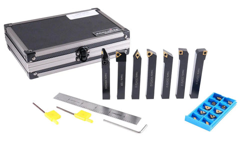 1/2 Inch Shank 7 Piece Indexable Carbide Turning Tool Set With 10 Extra TiN Coated Inserts For Pro Grade Smooth Cutting Of Mild Steel And Cast Iron MGEHR0 Holders Included with case and tools displayed.