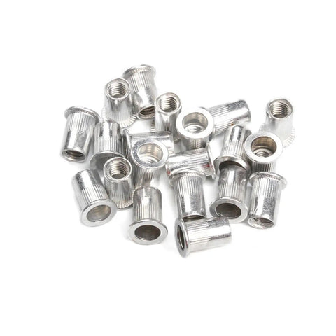 Set of 20 flat head threaded insert nuts for M3 through M12 sizes, made from zinc plated carbon steel with knurled design.